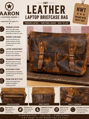 NWT Aaron Leather Goods 14.5" Leather Laptop Briefcase Bag Brown